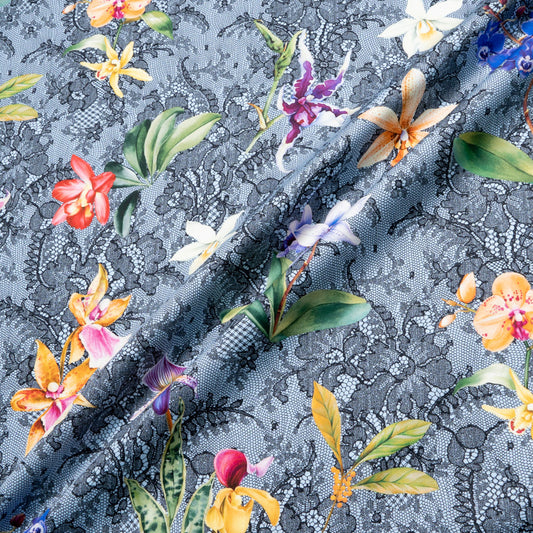 Orchid Floral & Lace Printed Blue Pure Cotton