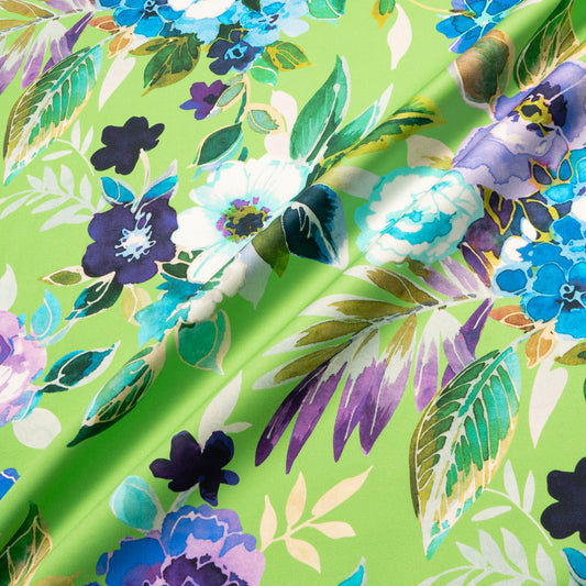 Watercolour Floral Printed Green Luxury Cotton