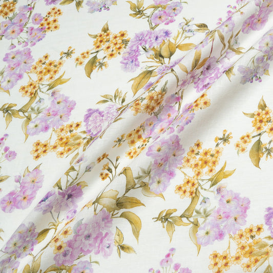 Purple Floral Printed Ivory Handkerchief Pure Linen