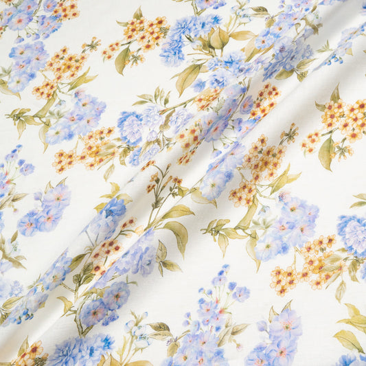 Blue Floral Printed Ivory Handkerchief Pure Linen