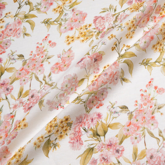 Pink Floral Printed Ivory Handkerchief Pure Linen