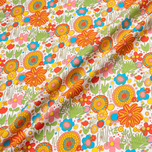 Retro Floral Printed White Pure Cotton