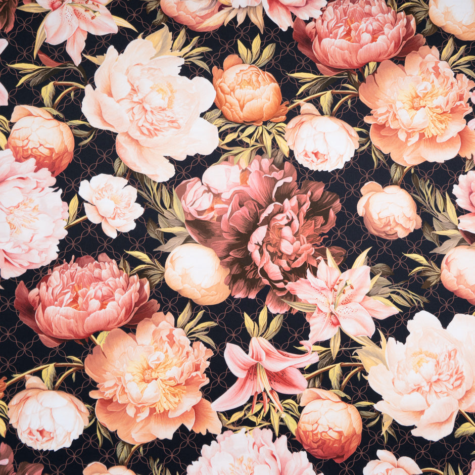 Peony Floral Printed Black Luxury Cotton