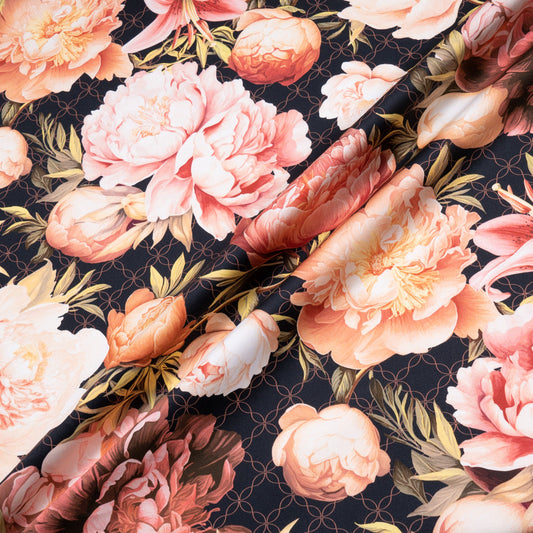 Peony Floral Printed Black Luxury Cotton