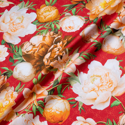 Peony Floral Printed Red Luxury Cotton