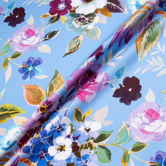 Watercolour Floral Printed Blue Luxury Cotton