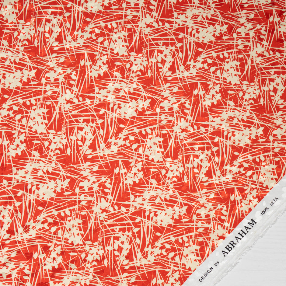 Leaf Printed Rich Red Silk Jacquard