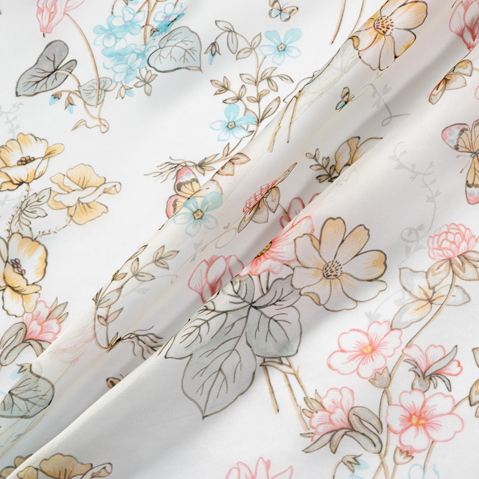 Pink Floral & Butterfly Printed Ivory Silk Satin Organza