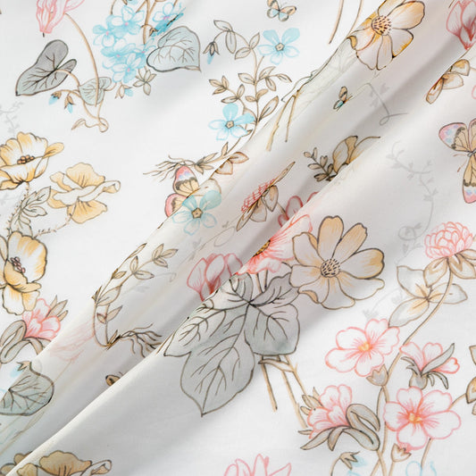 Pink Floral & Butterfly Printed Ivory Silk Satin Organza