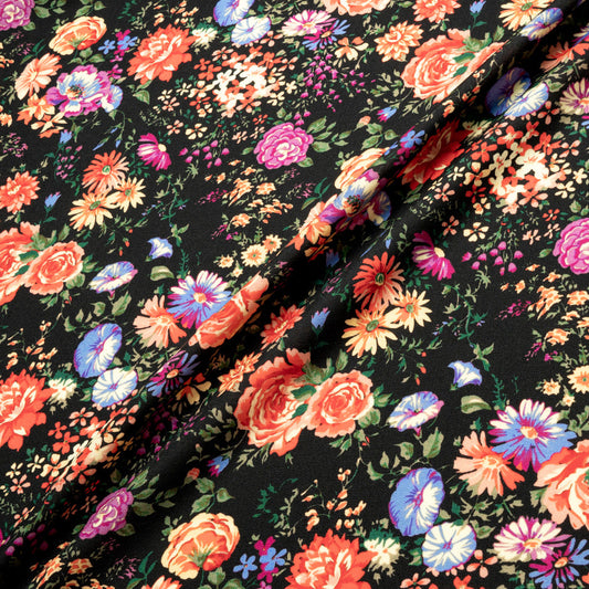 Multi-Coloured Floral Printed Black Wool Challis