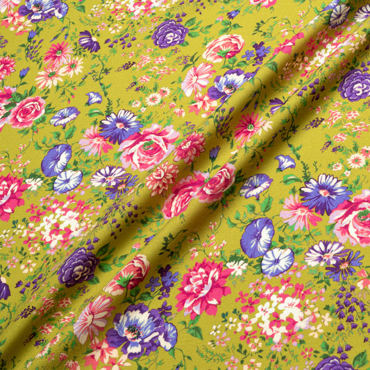 Multi-Coloured Floral Printed Green Wool Challis