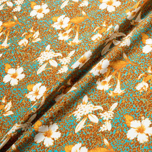 Floral & Leopard Printed Turquoise Silk Satin Charmeuse