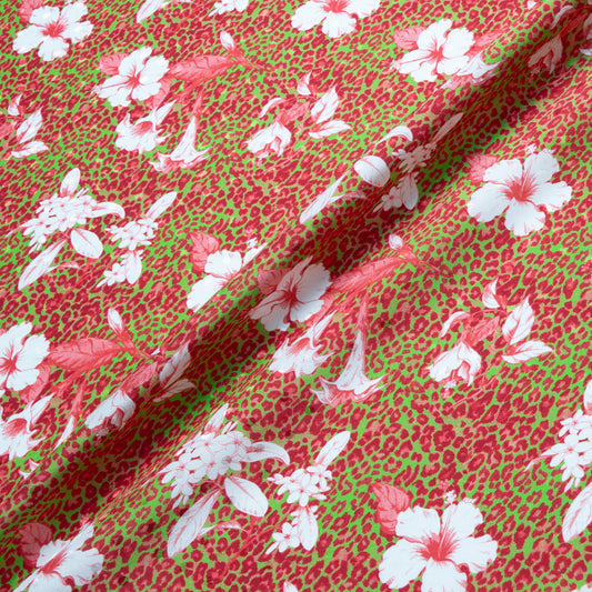 Floral Printed Green & Pink Leopard Silk Satin Charmeuse