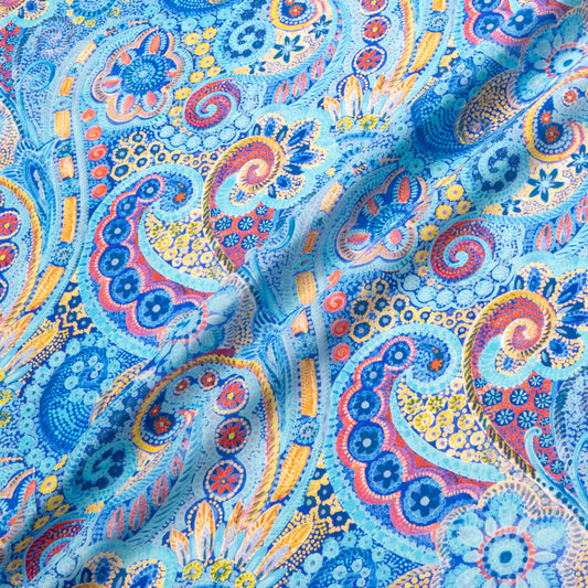 Blue Paisley & Floral Printed Silk Satin Charmeuse
