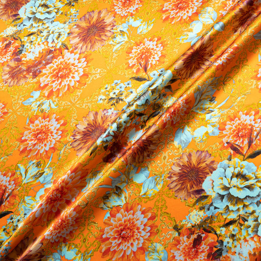Floral & Geo Printed Orange Silk Satin Charmeuse