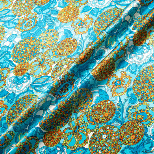 Blue & Orange Floral Printed Silk Satin Charmeuse