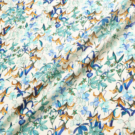 Blue & Aqua Floral Printed Silk Satin Charmeuse