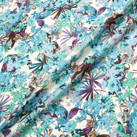 Purple & Blue Floral Printed Silk Satin Charmeuse
