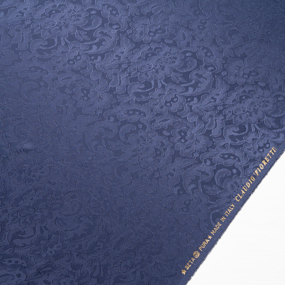 Navy Blue Floral Lace Jacquard Pure Silk