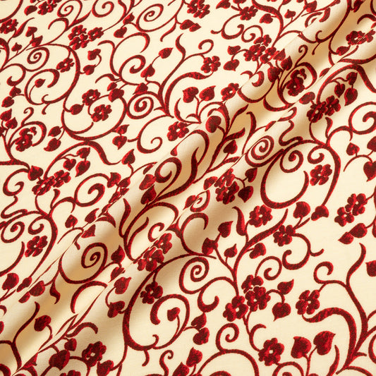 Red Floral Printed Cream Merino Wool