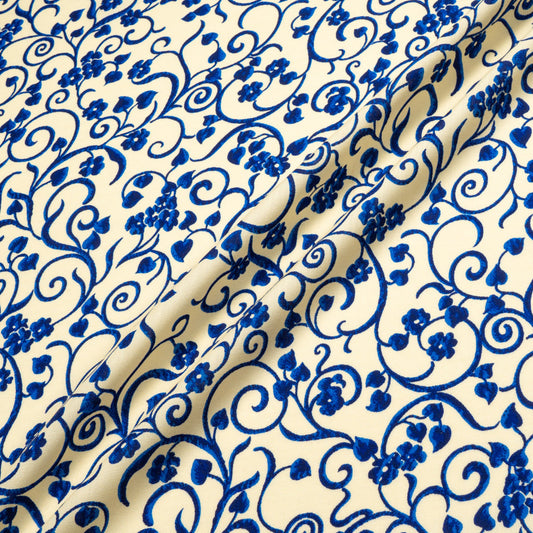 Blue Floral Printed Cream Merino Wool