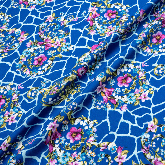 Floral Printed Royal Blue Merino Wool