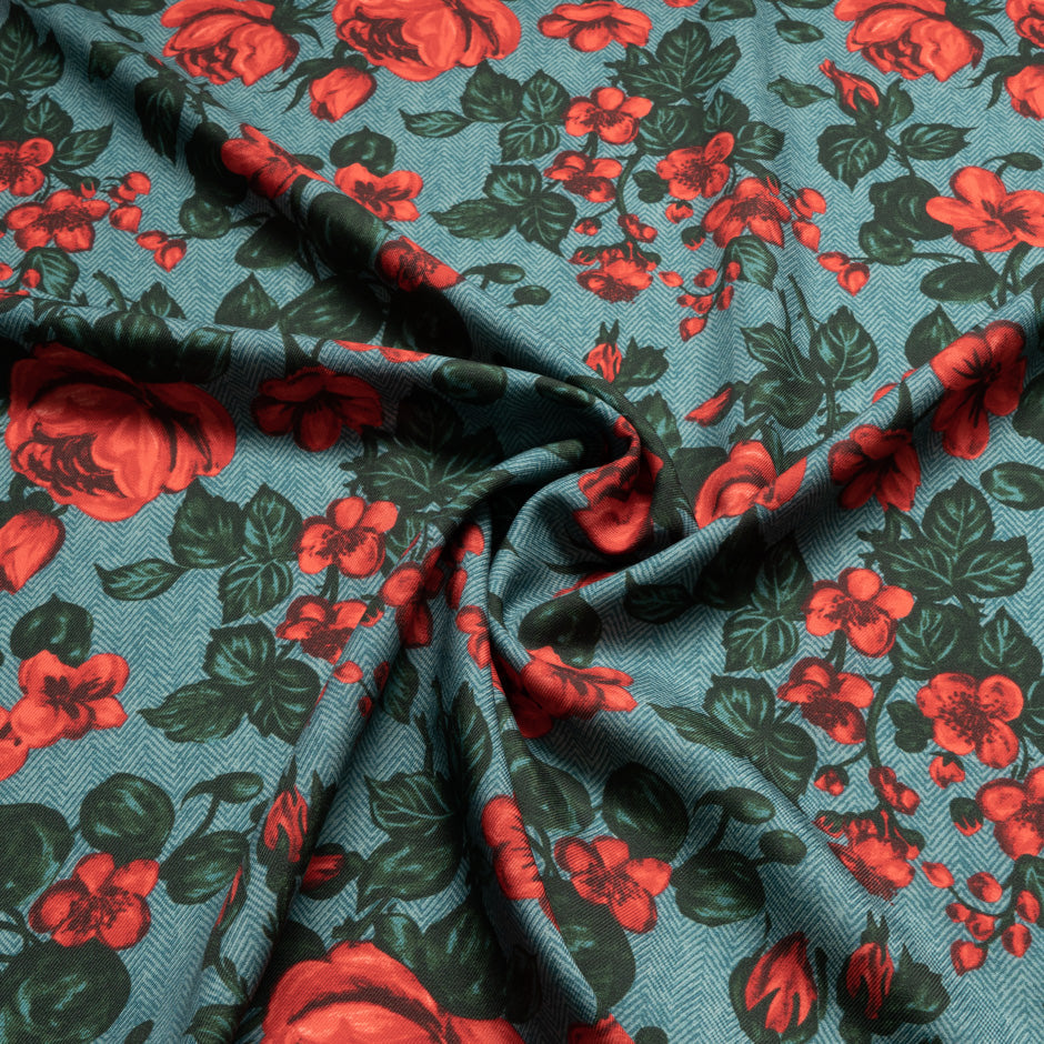 Red Rose Green Tweed Printed Merino Wool