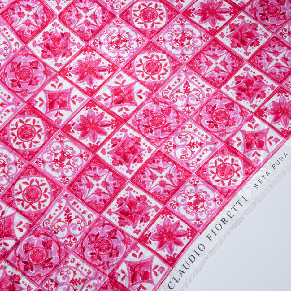 Bright Pink 'Tile' Printed Silk Jacquard
