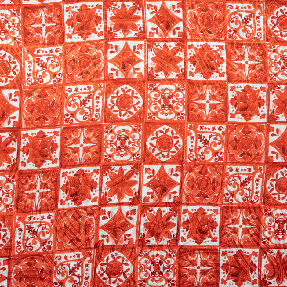 Ruby Red 'Tile' Printed Silk Jacquard