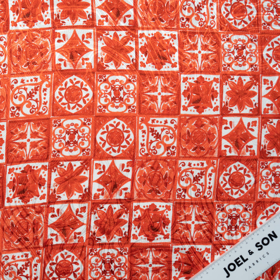 Ruby Red 'Tile' Printed Silk Jacquard