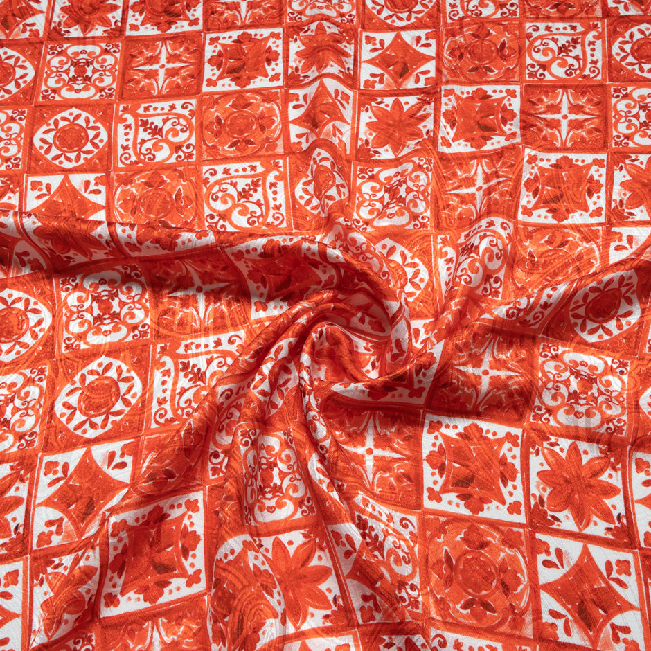 Ruby Red 'Tile' Printed Silk Jacquard