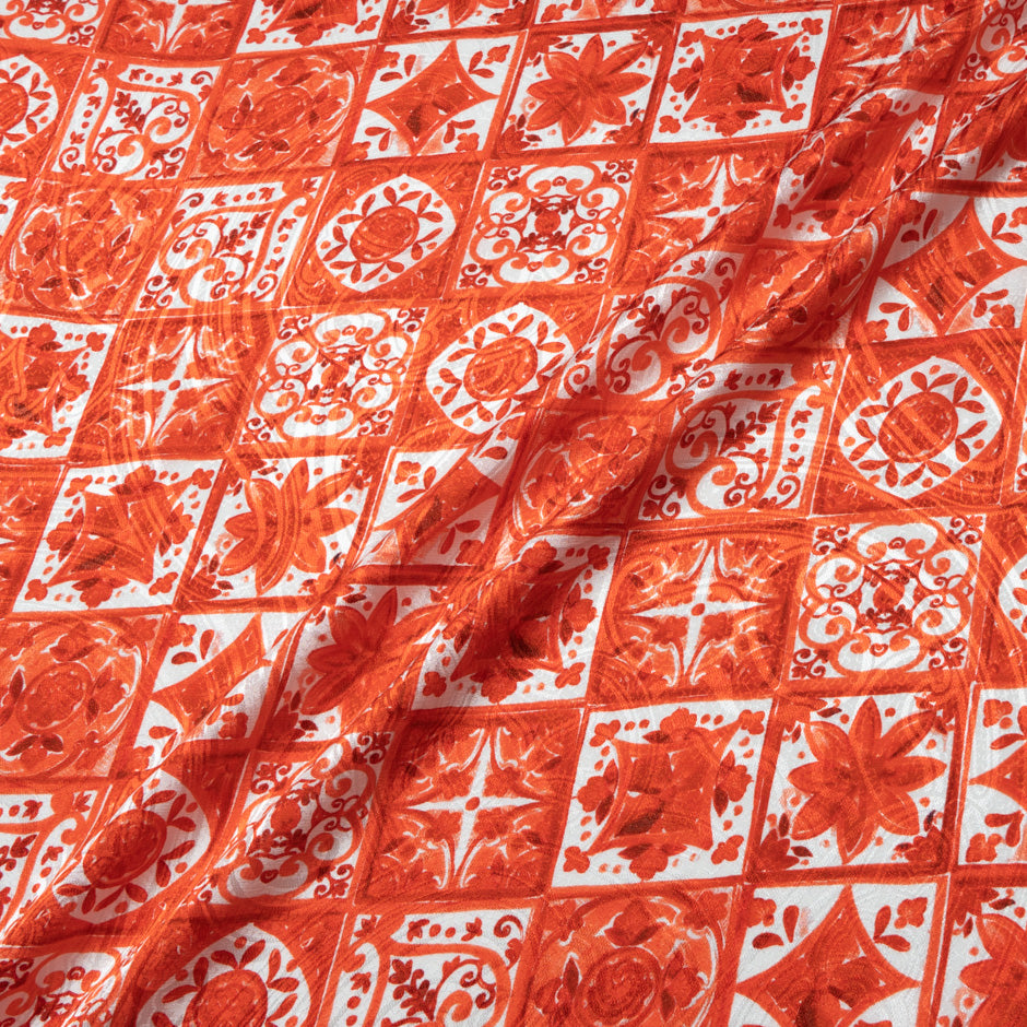 Ruby Red 'Tile' Printed Silk Jacquard
