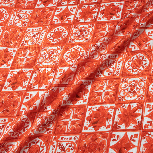 Ruby Red 'Tile' Printed Silk Jacquard