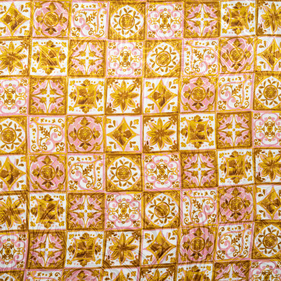 Pink & Mustard 'Tile' Printed Silk Jacquard