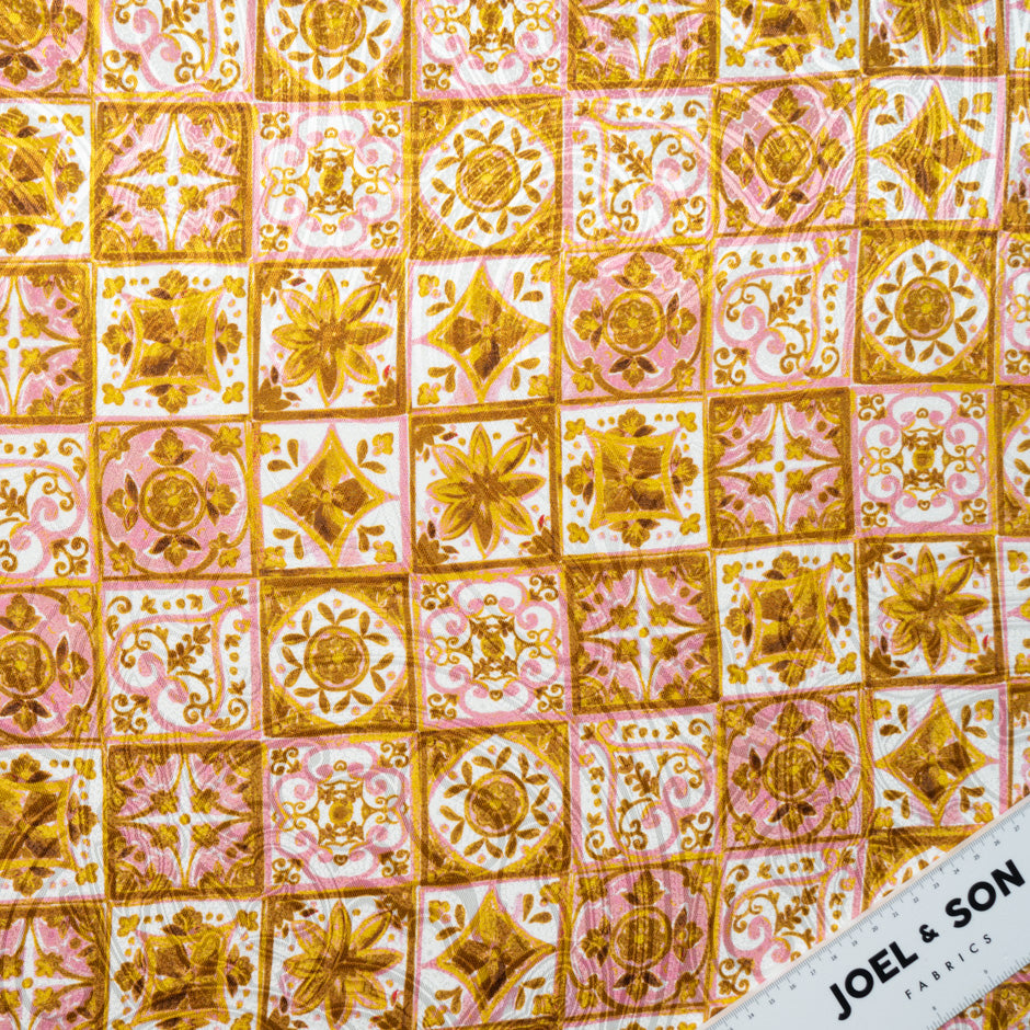 Pink & Mustard 'Tile' Printed Silk Jacquard