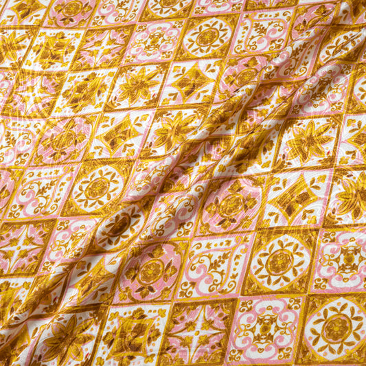 Pink & Mustard 'Tile' Printed Silk Jacquard