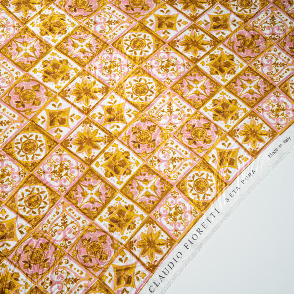Pink & Mustard 'Tile' Printed Silk Jacquard