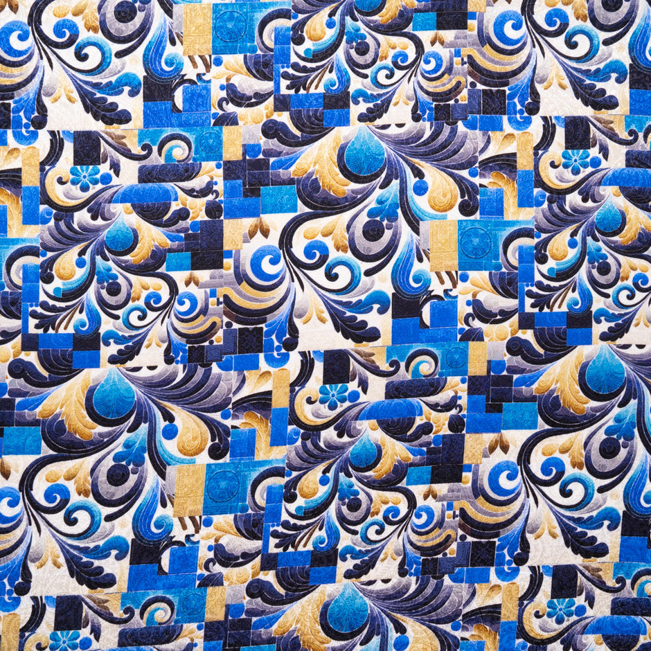 Blue Abstract Printed Silk Jacquard