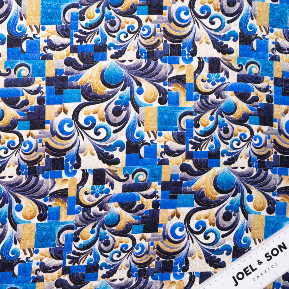 Blue Abstract Printed Silk Jacquard