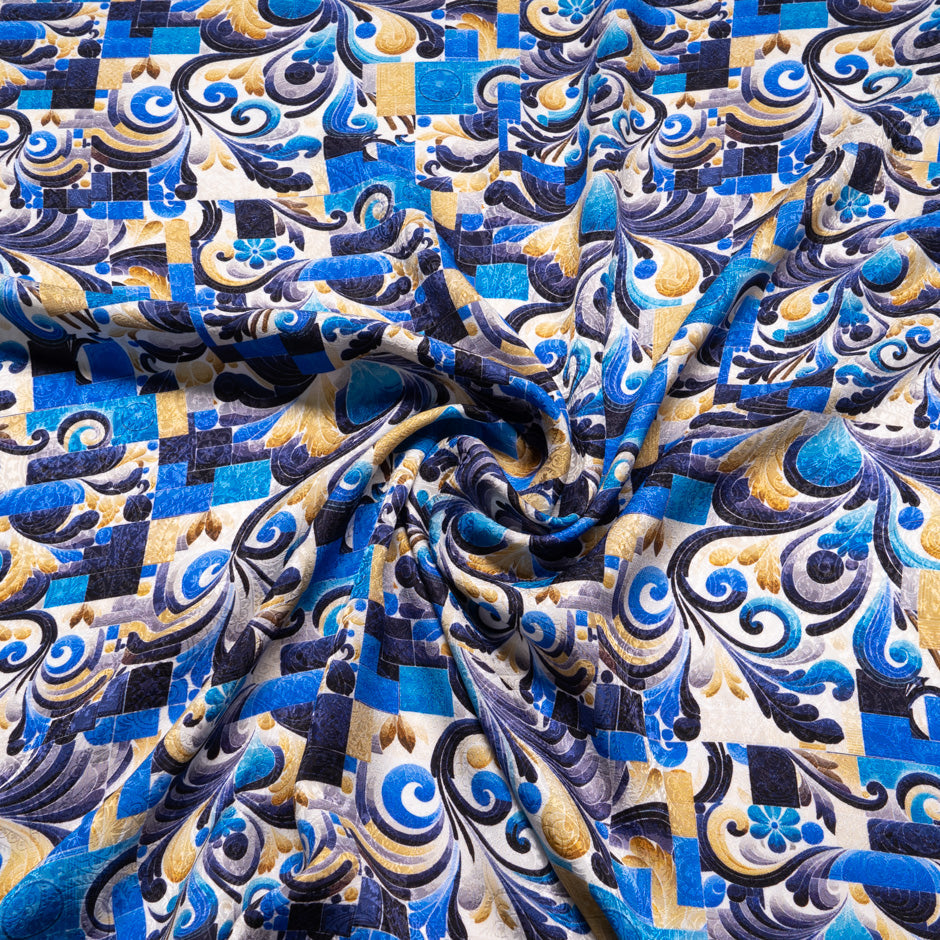Blue Abstract Printed Silk Jacquard