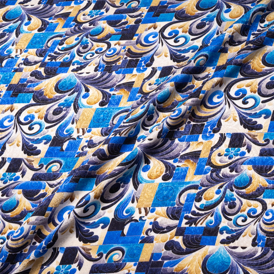 Blue Abstract Printed Silk Jacquard