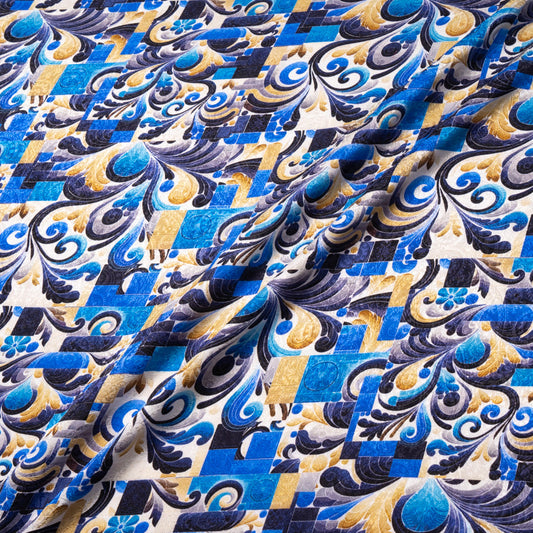 Blue Abstract Printed Silk Jacquard