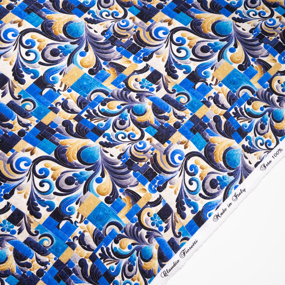 Blue Abstract Printed Silk Jacquard