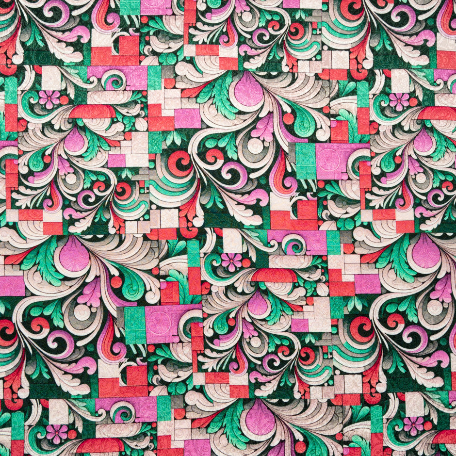 Pink & Green Abstract Printed Silk Jacquard