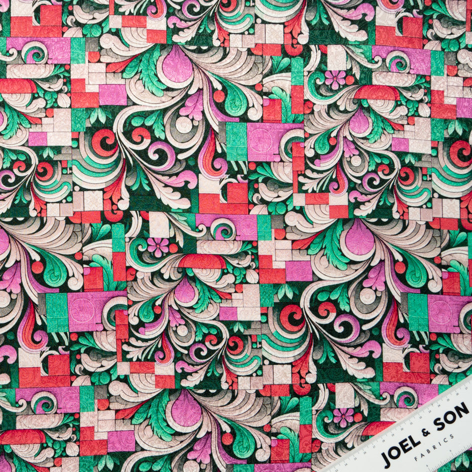 Pink & Green Abstract Printed Silk Jacquard