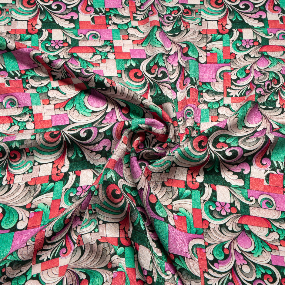 Pink & Green Abstract Printed Silk Jacquard