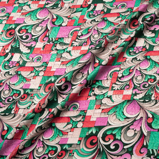 Pink & Green Abstract Printed Silk Jacquard