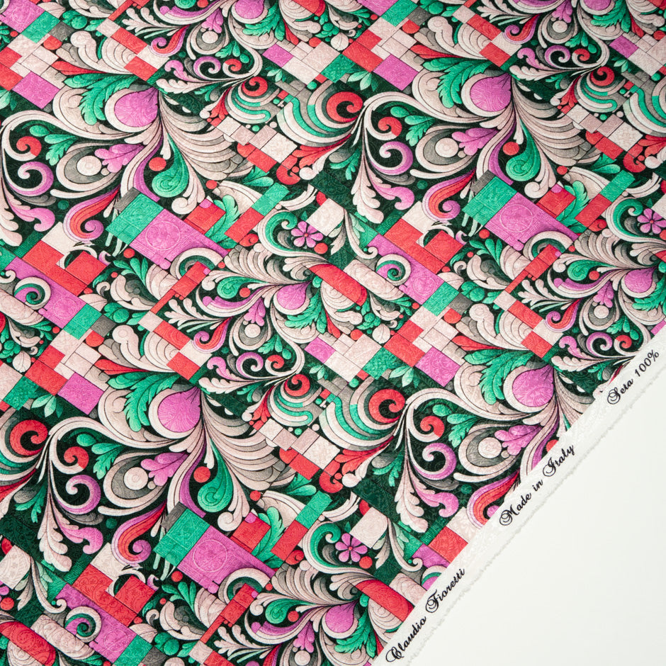 Pink & Green Abstract Printed Silk Jacquard