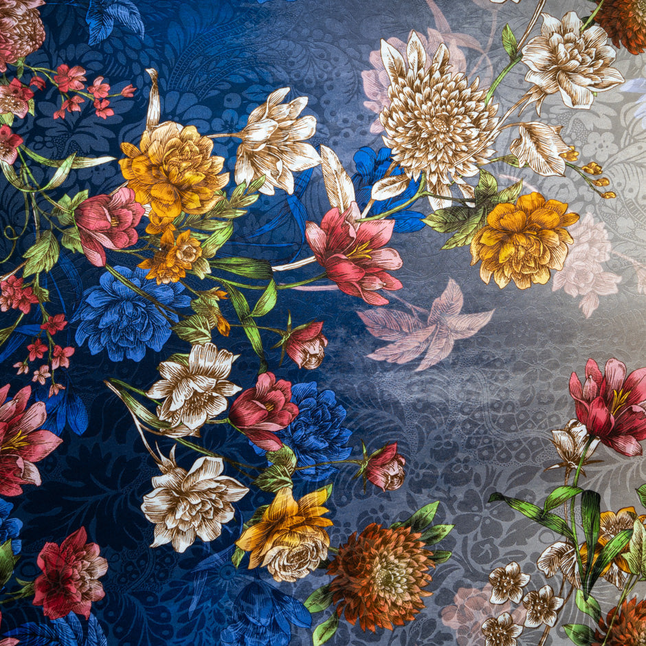 Multi Floral Printed Blue Ombré Silk Jacquard