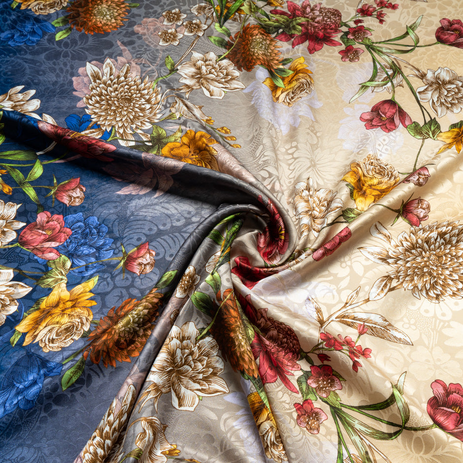 Multi Floral Printed Blue Ombré Silk Jacquard